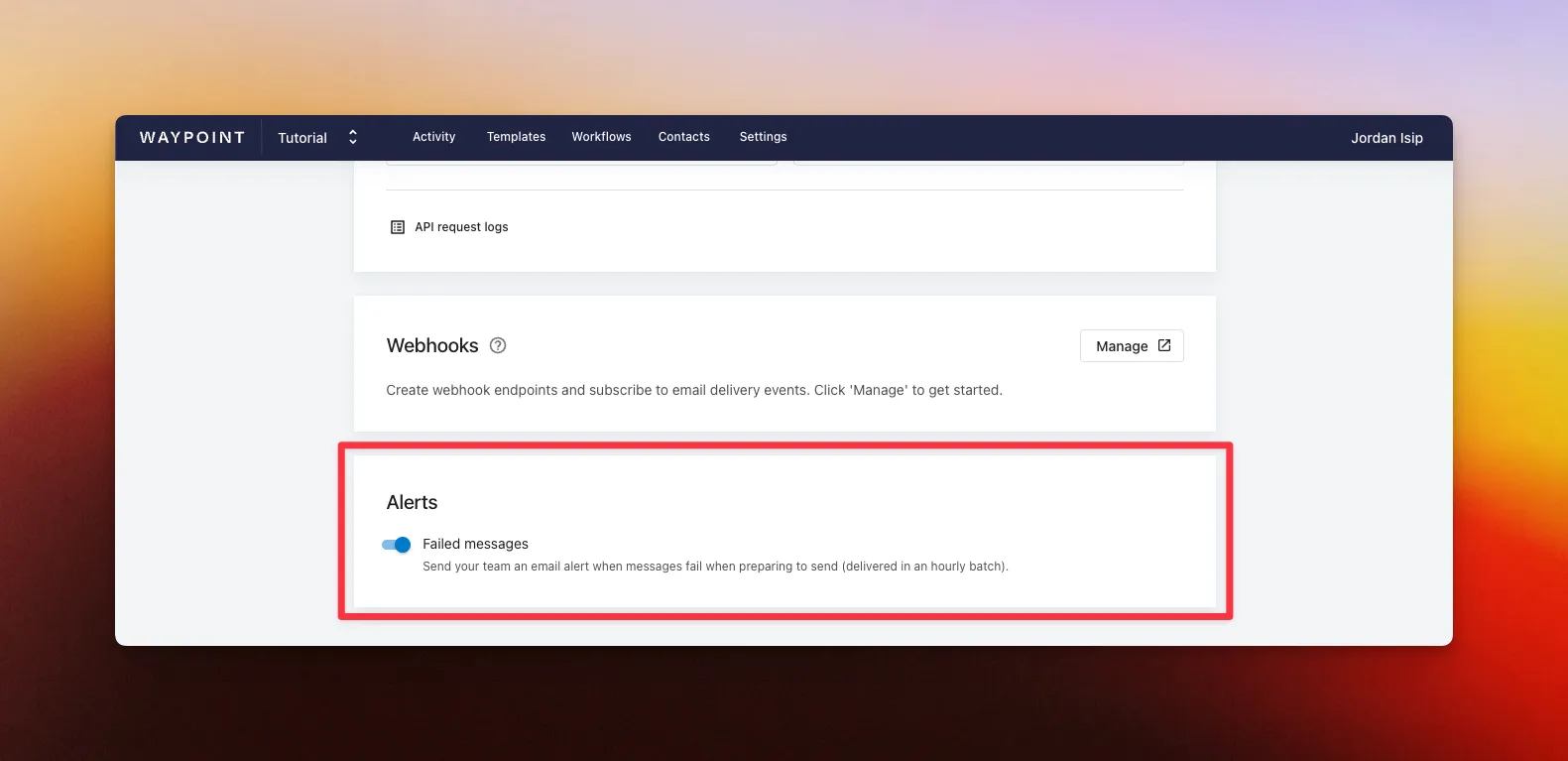 Screenshot of error alert settings