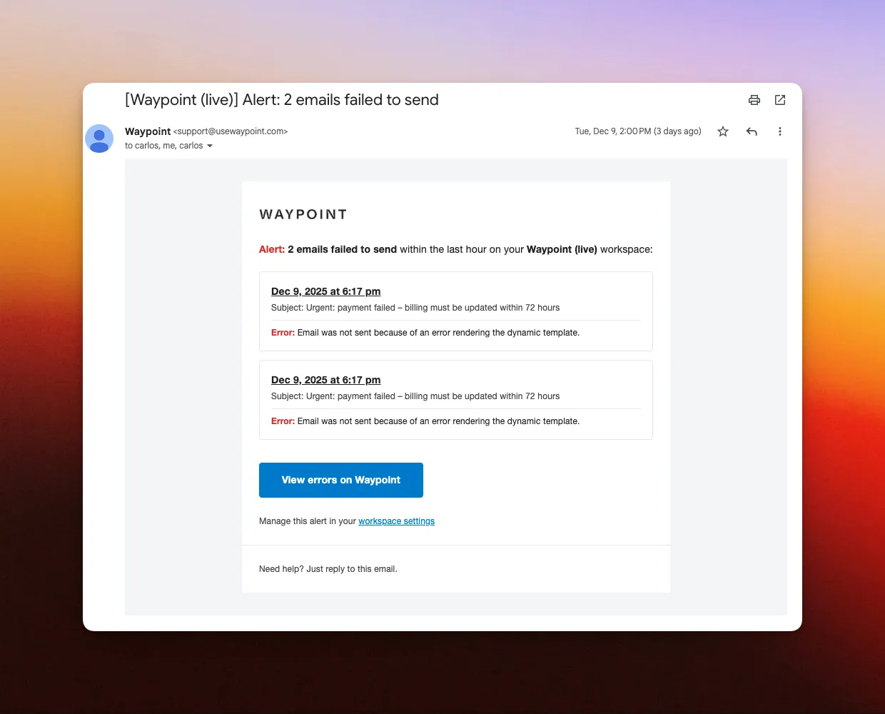 Screenshot of error alert email